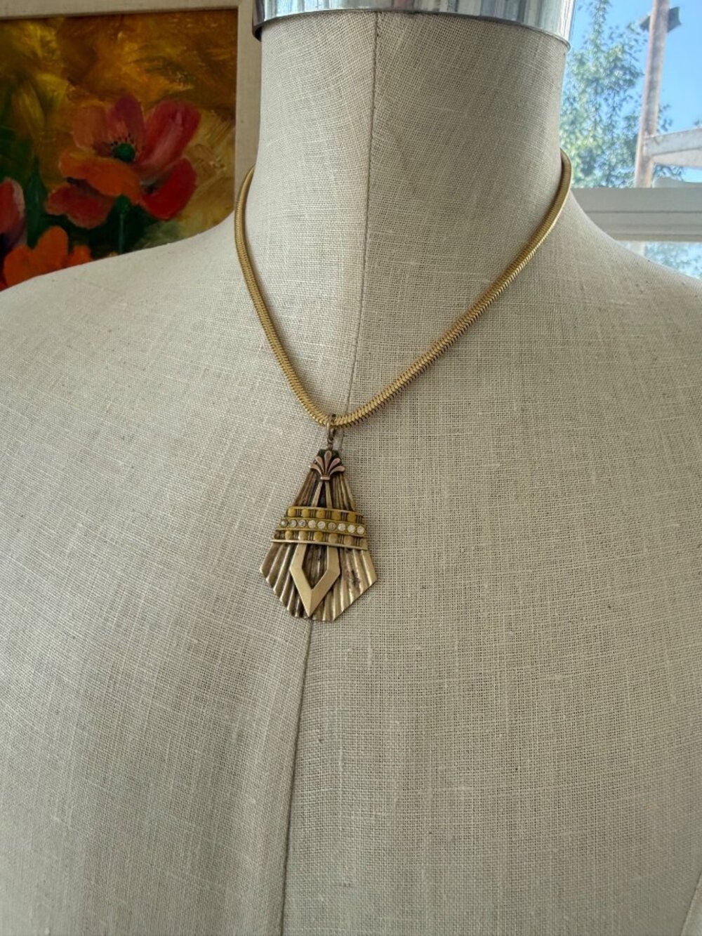 Vintage 30's Art Deco Fan Pendant Paste Stones 12K GF Serpentine Chain